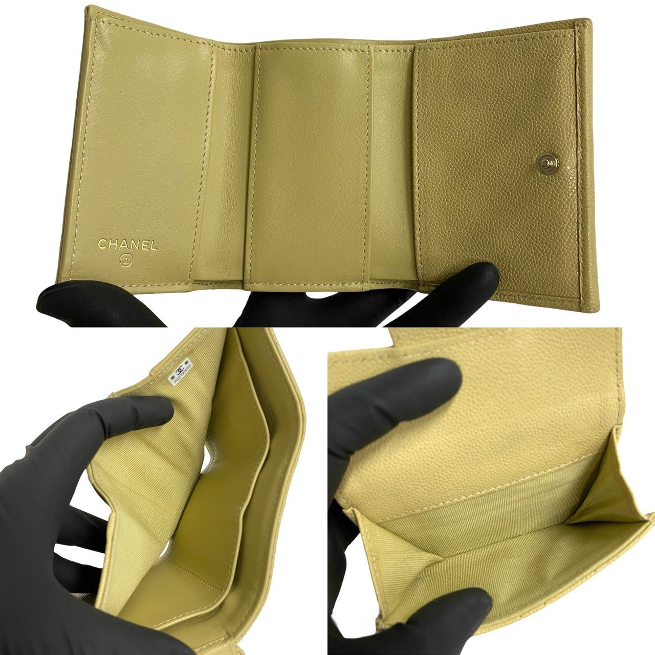 CHANEL Tri-fold wallet leather beige Caviar skin