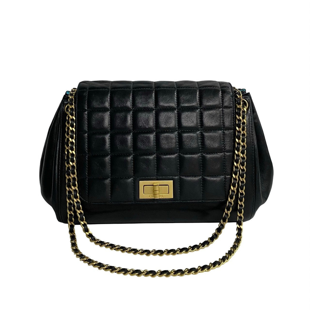 CHANEL Shoulder Bag lambskin black Chocolate bar