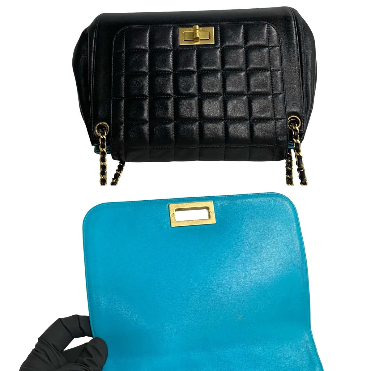 CHANEL Shoulder Bag lambskin black Chocolate bar