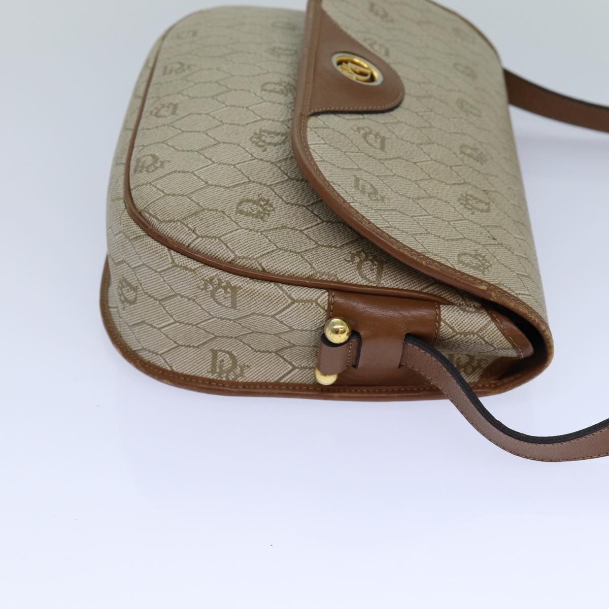 CHRISTIAN DIOR Honeycomb Canvas Shoulder Bag PVC Leather Beige Auth 77935