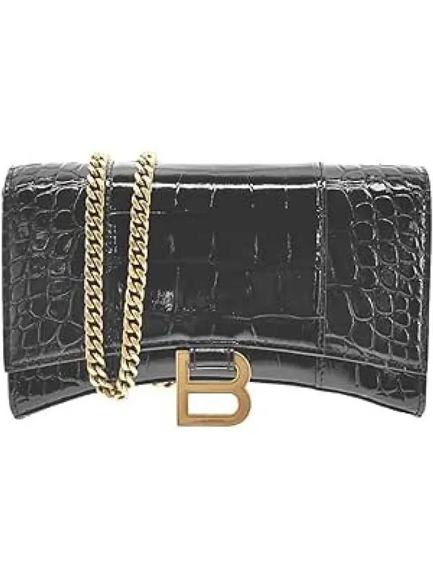 Luxury Balenciaga  Hourglass Chain Crocodile Embossed Calfskin Medium Wallet Black