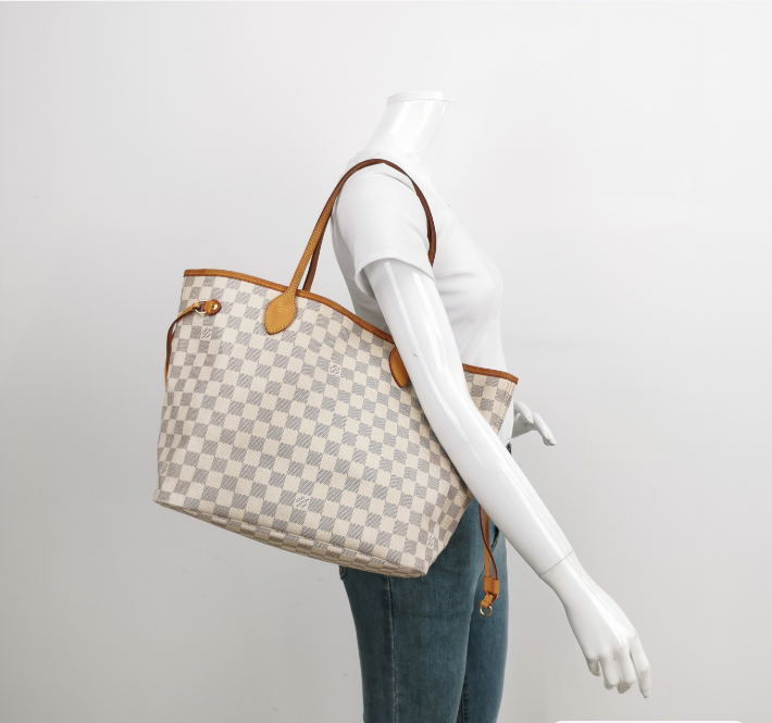 Preloved Louis Vuitton(LV) Damier Azur Neverfull  tote Bag MM White 24090878857261