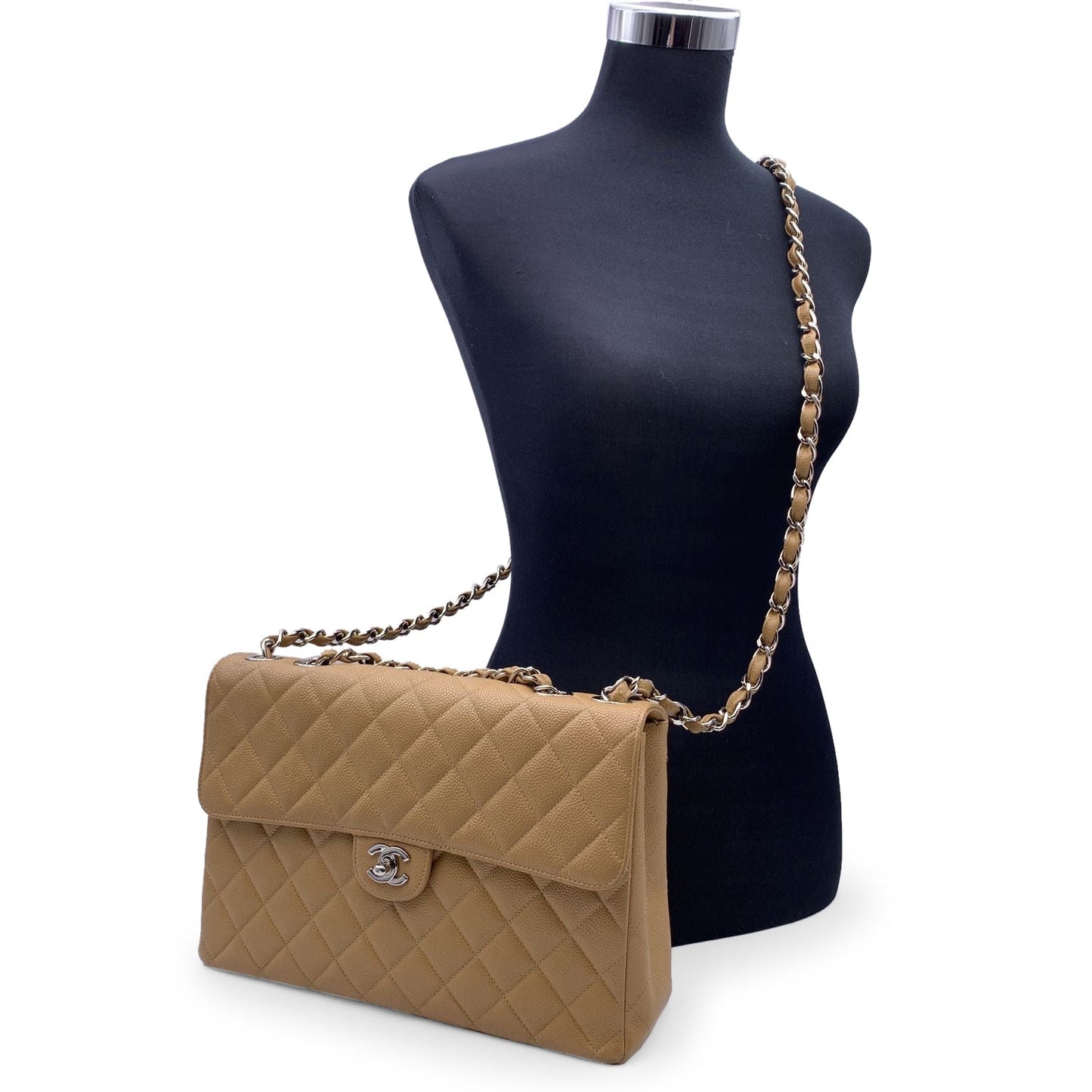 CHANEL Vintage Beige Quilted Caviar Jumbo Timeless Classic Flap Bag