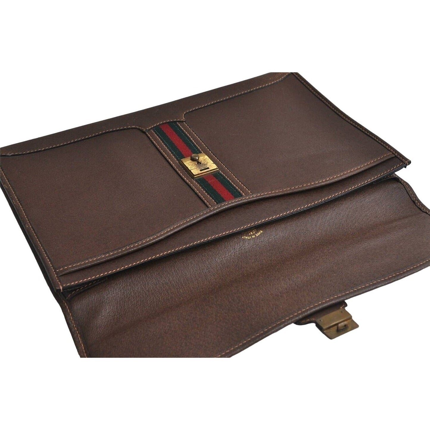 RARE, Gucci, Jackie, mod, brown leather, boxy, clutch or portfolio with a red & green stripe, a flap strap closure at the center