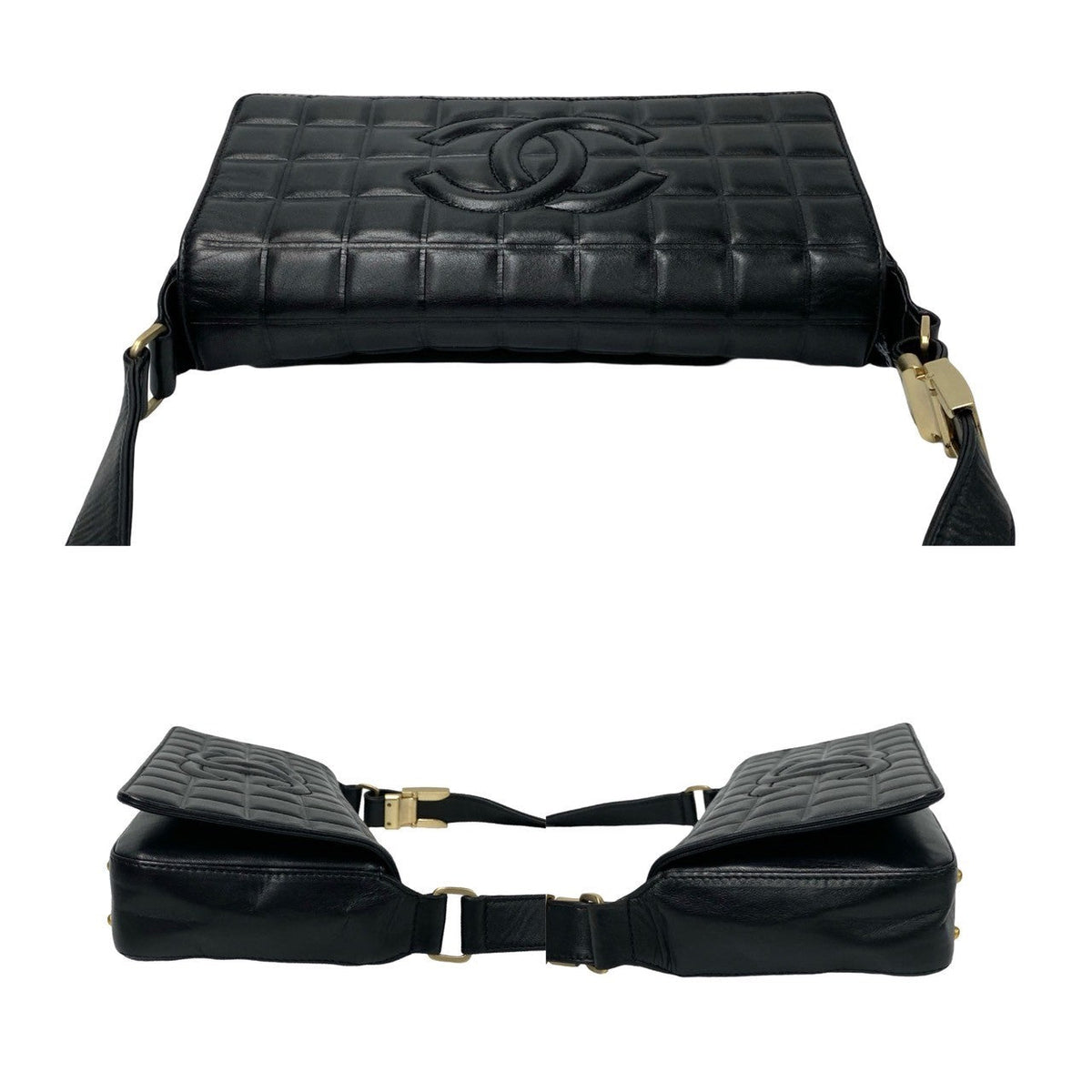 CHANEL Shoulder Bag lambskin black Chocolate bar