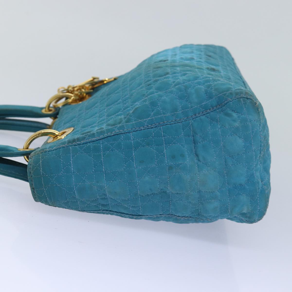 CHRISTIAN DIOR Lady Dior Canage Hand Bag Nylon Turquoise Blue Auth 78336