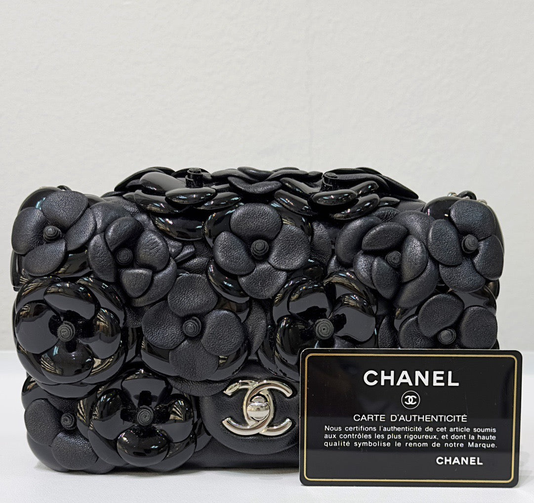 Chanel Mini Limited Edition Black Camellia  Lambskin Flap Bag