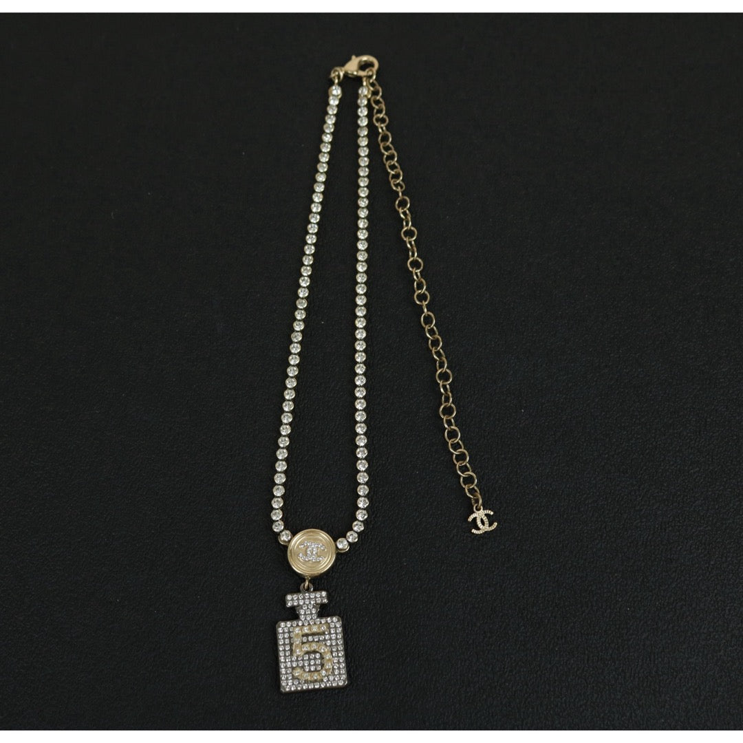 Very Good ( Rank A)｜ CHANEL Crystal Charm 5 Perfume Bottle Gold Chain Chocker Necklace｜F25012311