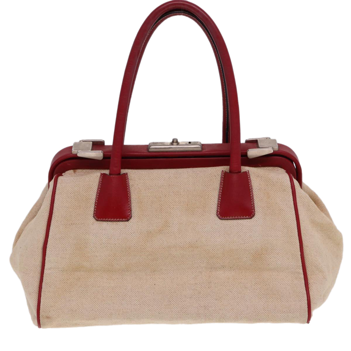 PRADA Hand Bag Canvas Leather Cream Red Auth 78856
