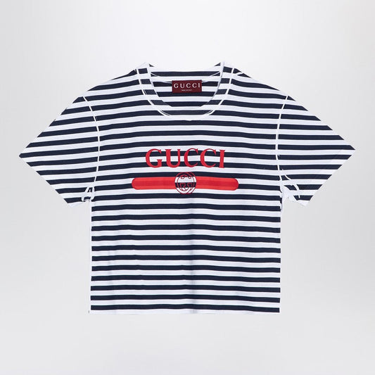 Gucci White/Blue Striped Cotton T-Shirt With Logo Print Women