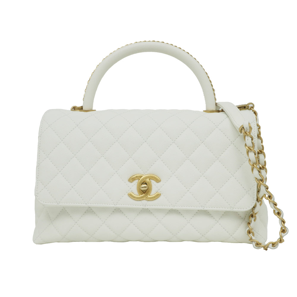 CHANEL Coco Handle 29 Matrasse Caviar S Handbag White White 2WAY Shoulder G Gold