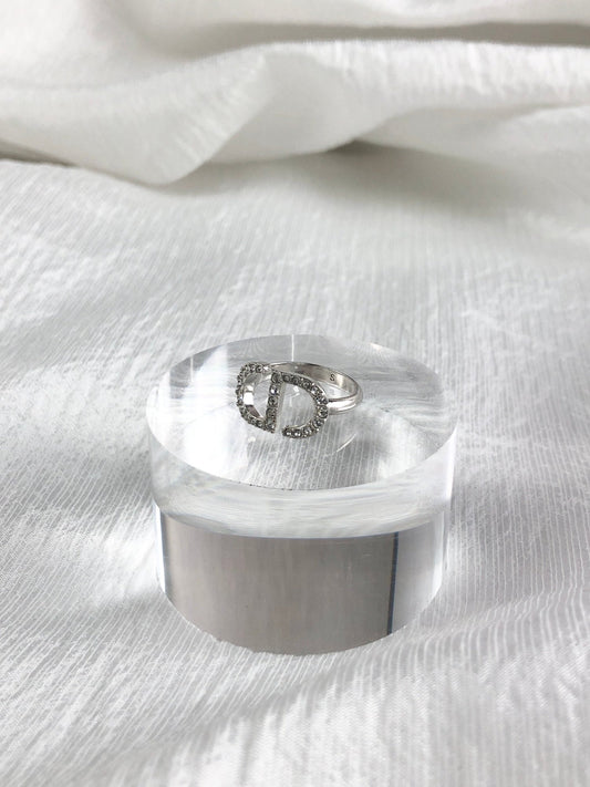 Christian Dior CD Logo Motif Rhinestone Ring Silver PETIT CD Vintage di6pz4