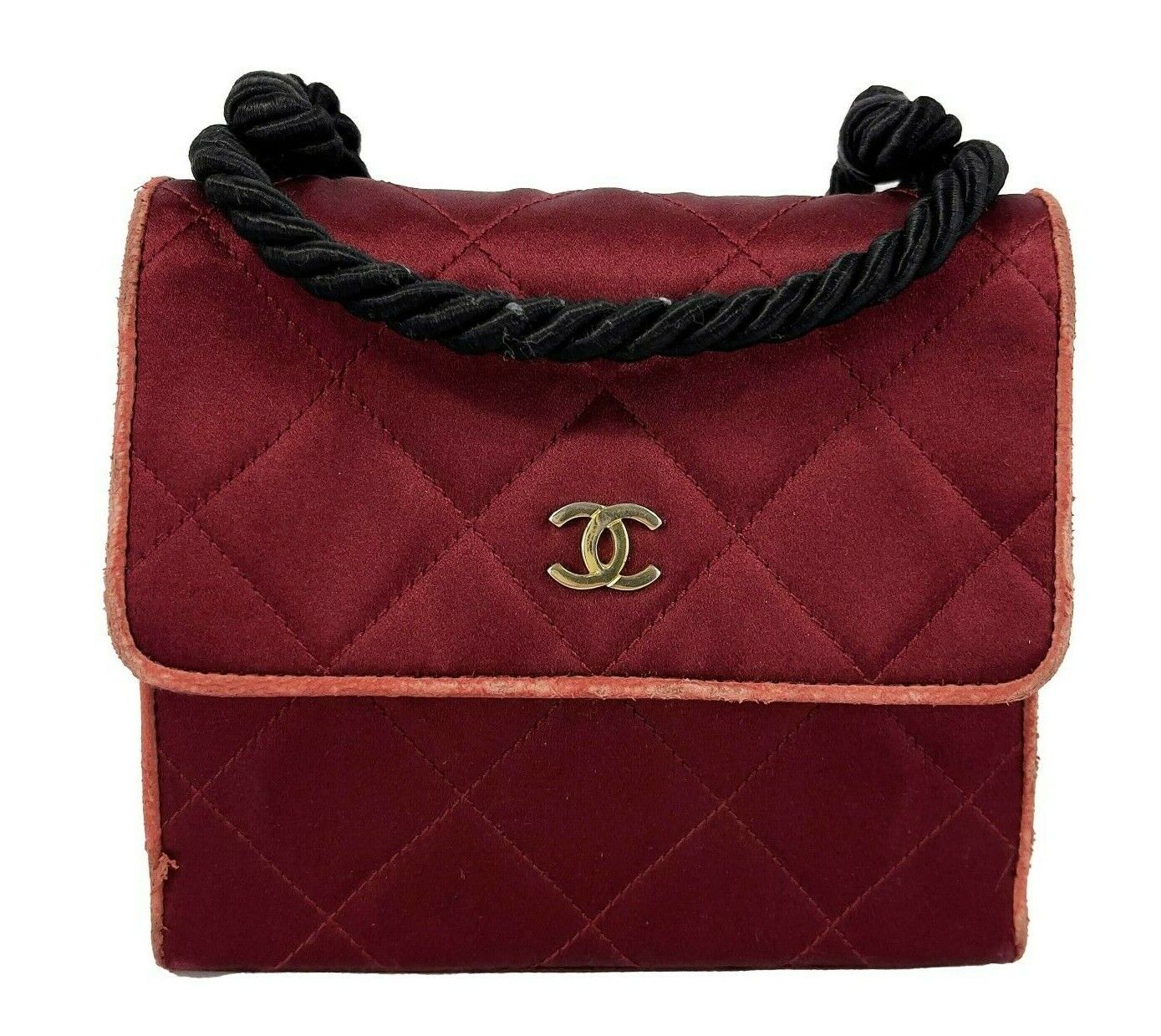 CHANEL - Vintage Mini Satin Quilted Rope Shoulder Crossbody - Burgundy / Black