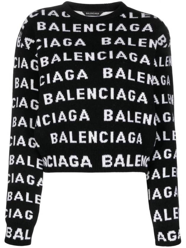 Luxury Balenciaga  Intarsia All-Over Logo Crew Neck Knit Top Black