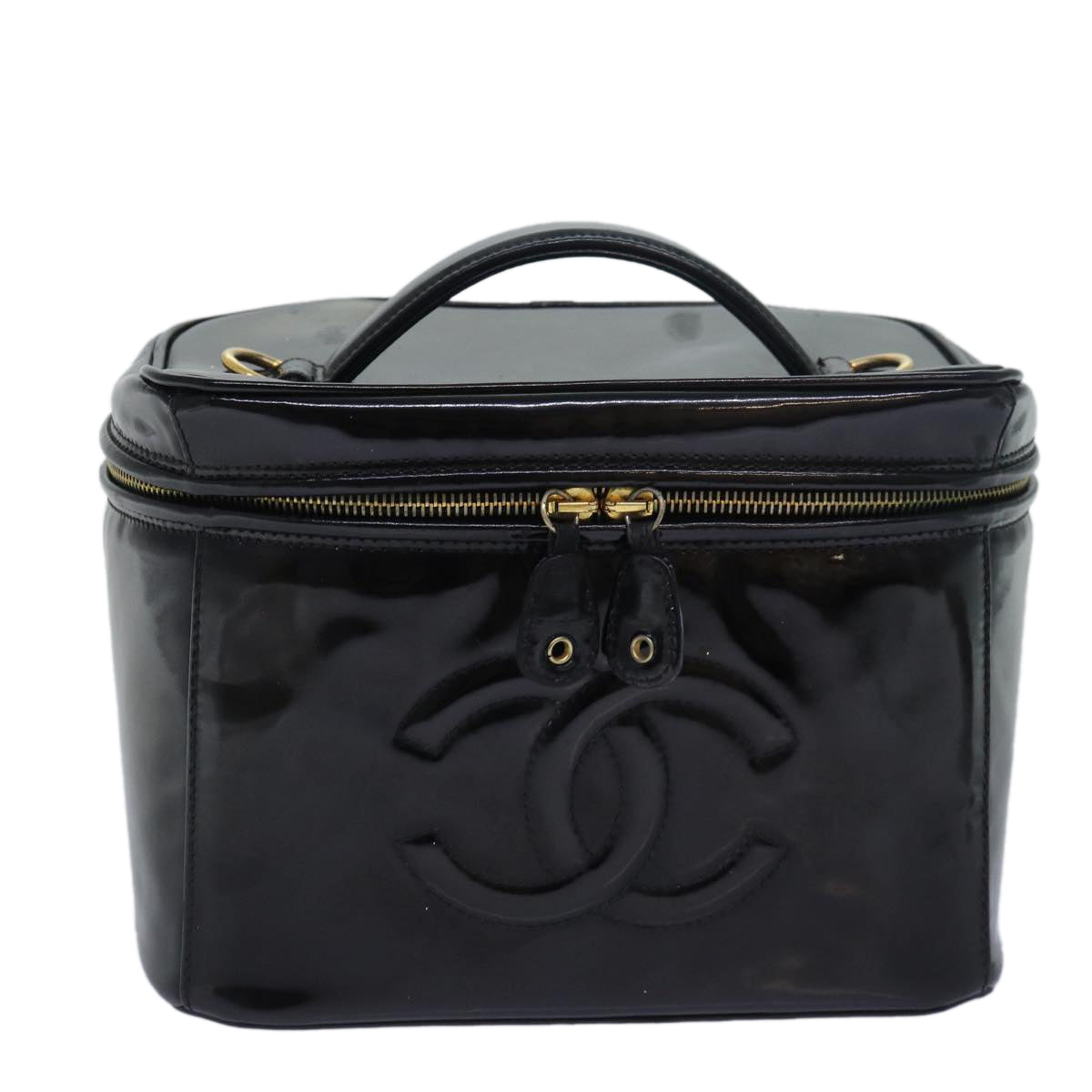 Top Quality Chanel COCO Mark Vanity Cosmetic Pouch Enamel Black CC Auth 79536