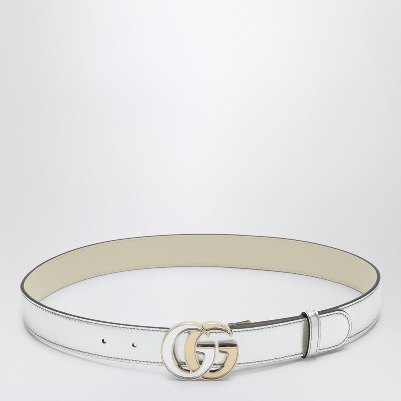 Gucci Gg Marmont Metallic Leather Silver Belt Women