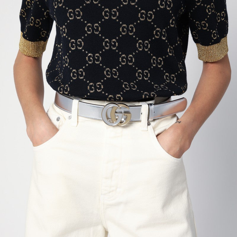 Gucci Gg Marmont Metallic Leather Silver Belt Women