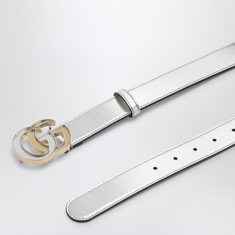 Gucci Gg Marmont Metallic Leather Silver Belt Women