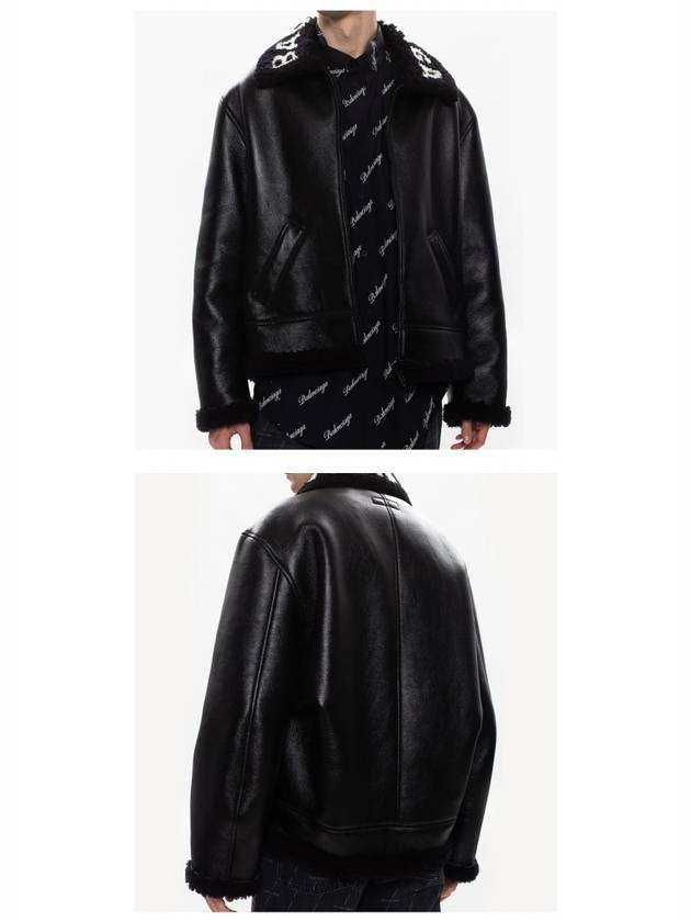 Luxury Balenciaga  Logo Shearling Collar Leather Jacket Black