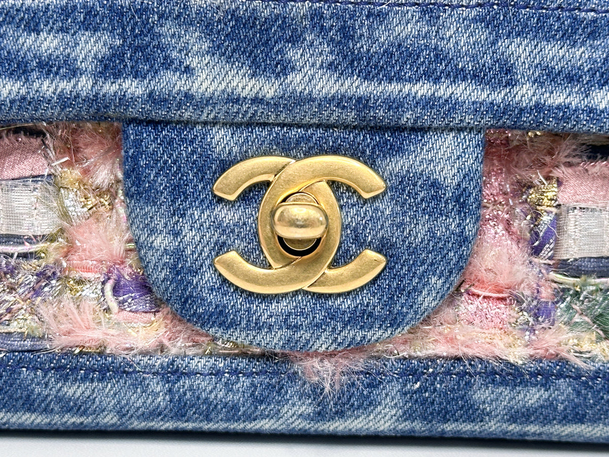 Chanel Pink, Silver, and Gold Tweed and Denim Medium Classic Double Flap Gold Hardware, 2016