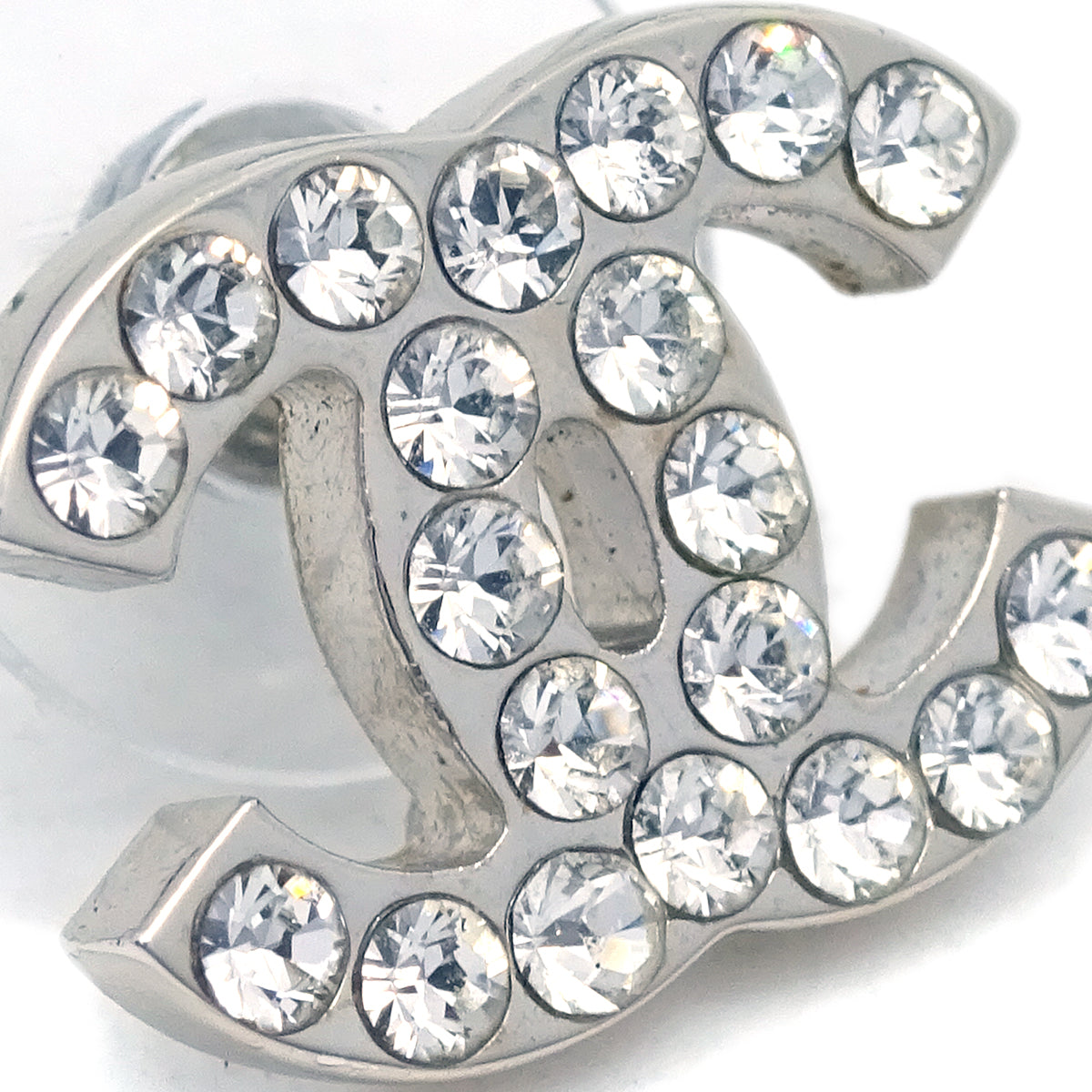 Chanel CC Rhinestone Piercing Earrings Silver 05V