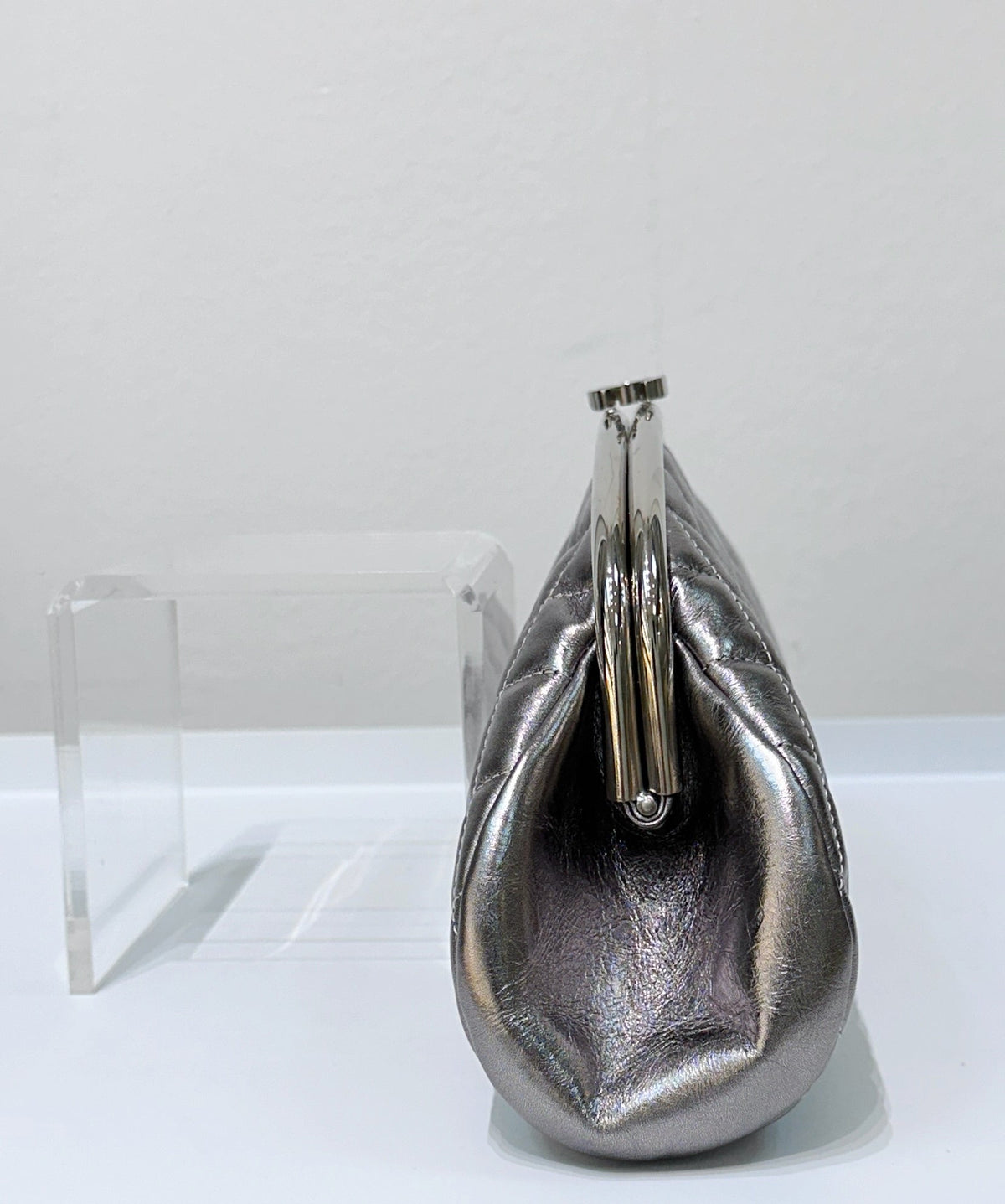 CHANEL Metallic Aged Calfskin Quilted Timeless Clutch Silver