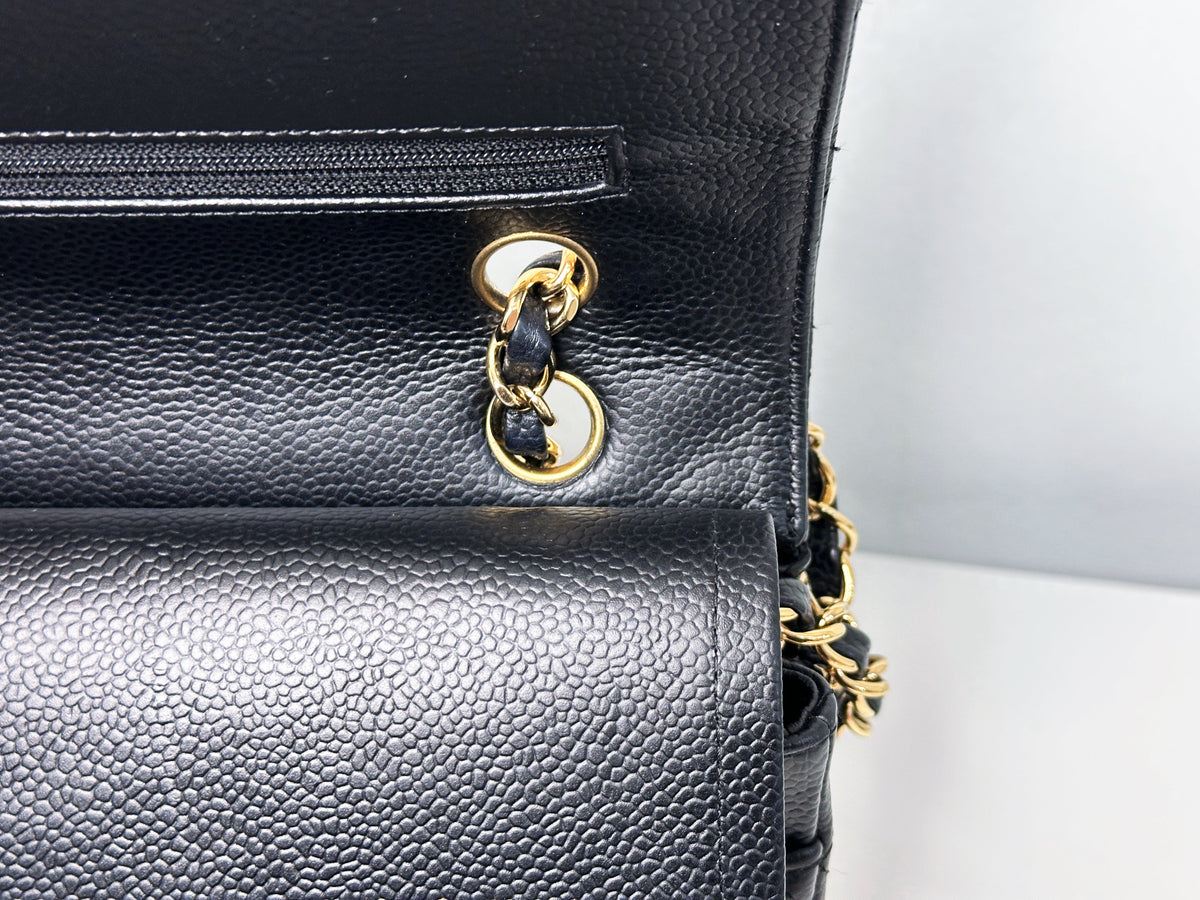 Chanel Medium Size Classic Quilted Caviar Double Flap Bag Black 1184 holo card