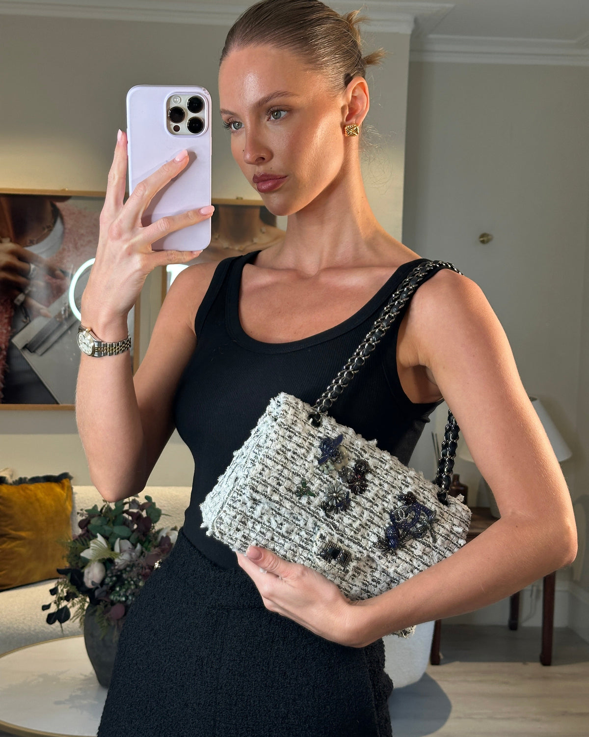 Chanel White and Black Tweed Medium Reissue Double Flap Bag with Embellished Detail and Gun-Metal Hardware RRP ¬£8,180