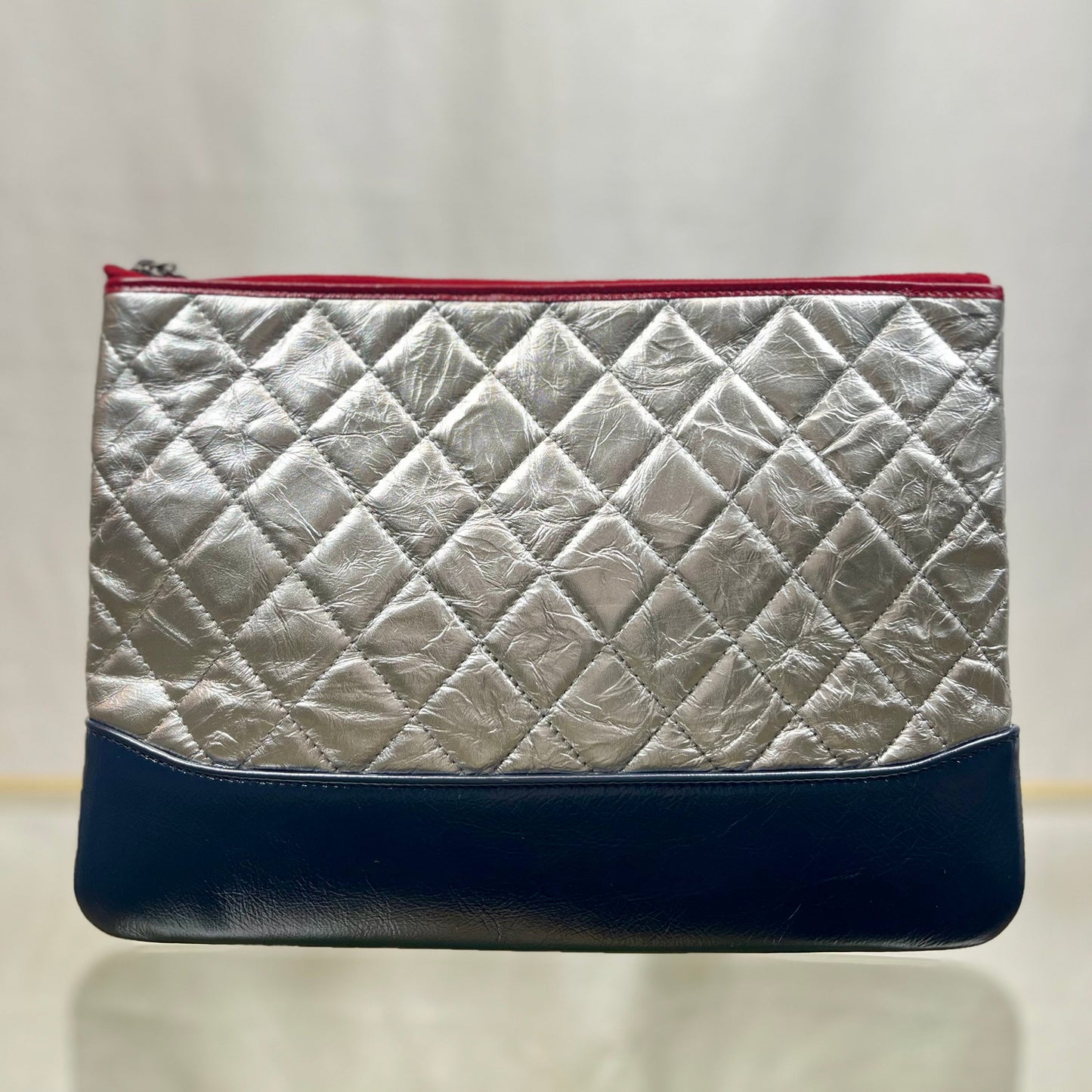 CHANEL Gabrielle Medium Navy Blue Silver Red Aged Calfskin Quilted Cosmetic Case Clutch TS3711
