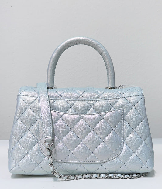 CHANEL Iridescent Caviar Quilted Mini Coco Handle Flap Light Blue