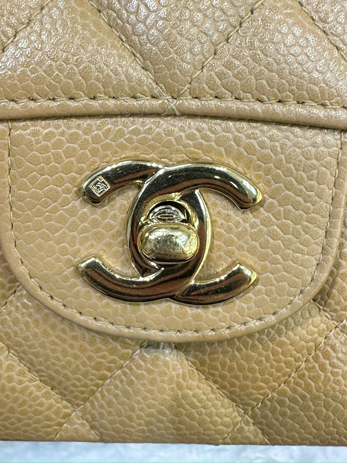 Chanel Medium Caviar Quilted Double Flap Beige Bag 866 Holo