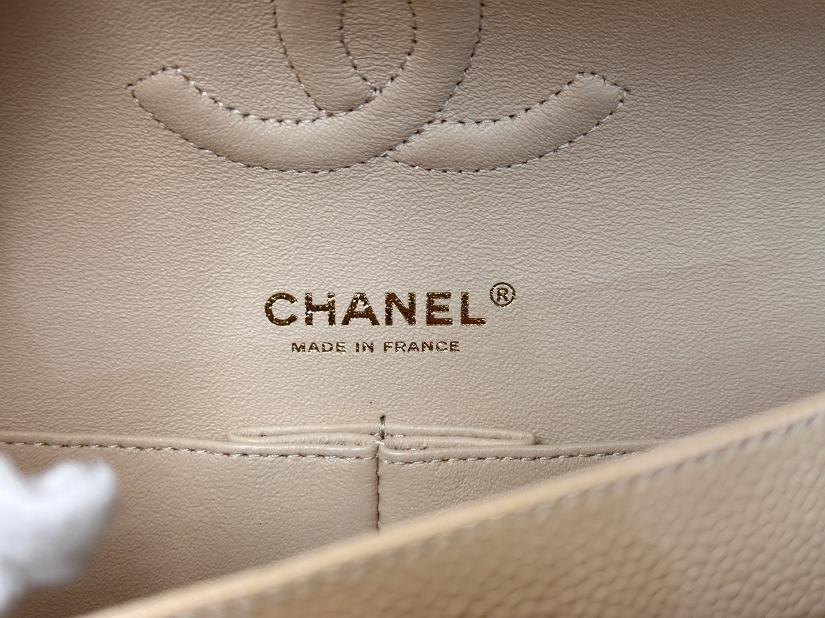 Chanel Medium Caviar Classic Double Flap Bag Beige 2552 holo card