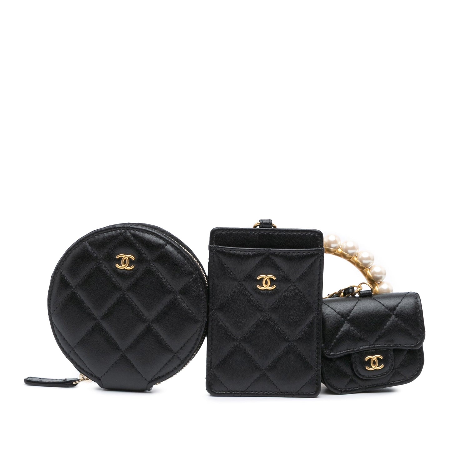 Black Chanel Lambskin Pearl Crown CC Wristlet Multi Pouches Clutch Bag