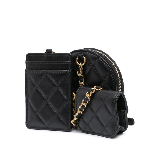 Black Chanel Lambskin Pearl Crown CC Wristlet Multi Pouches Clutch Bag