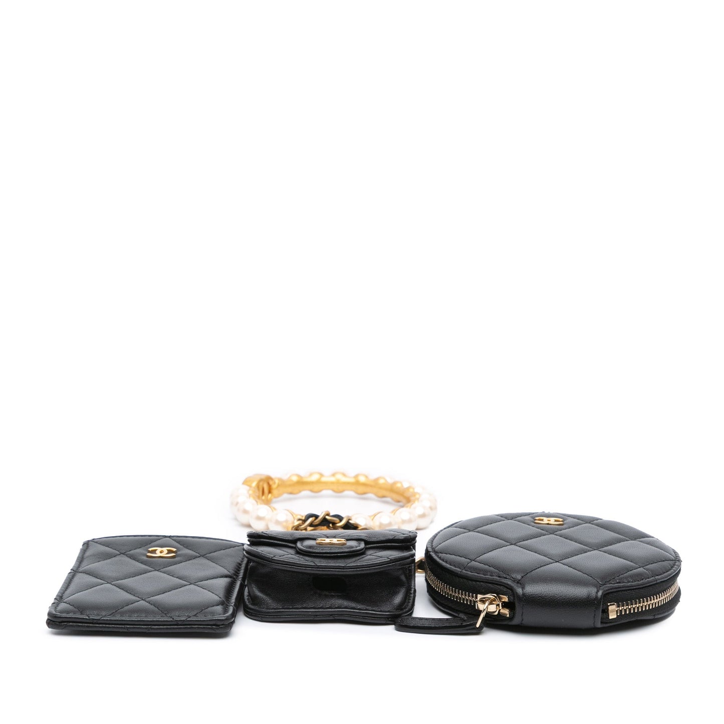 Black Chanel Lambskin Pearl Crown CC Wristlet Multi Pouches Clutch Bag