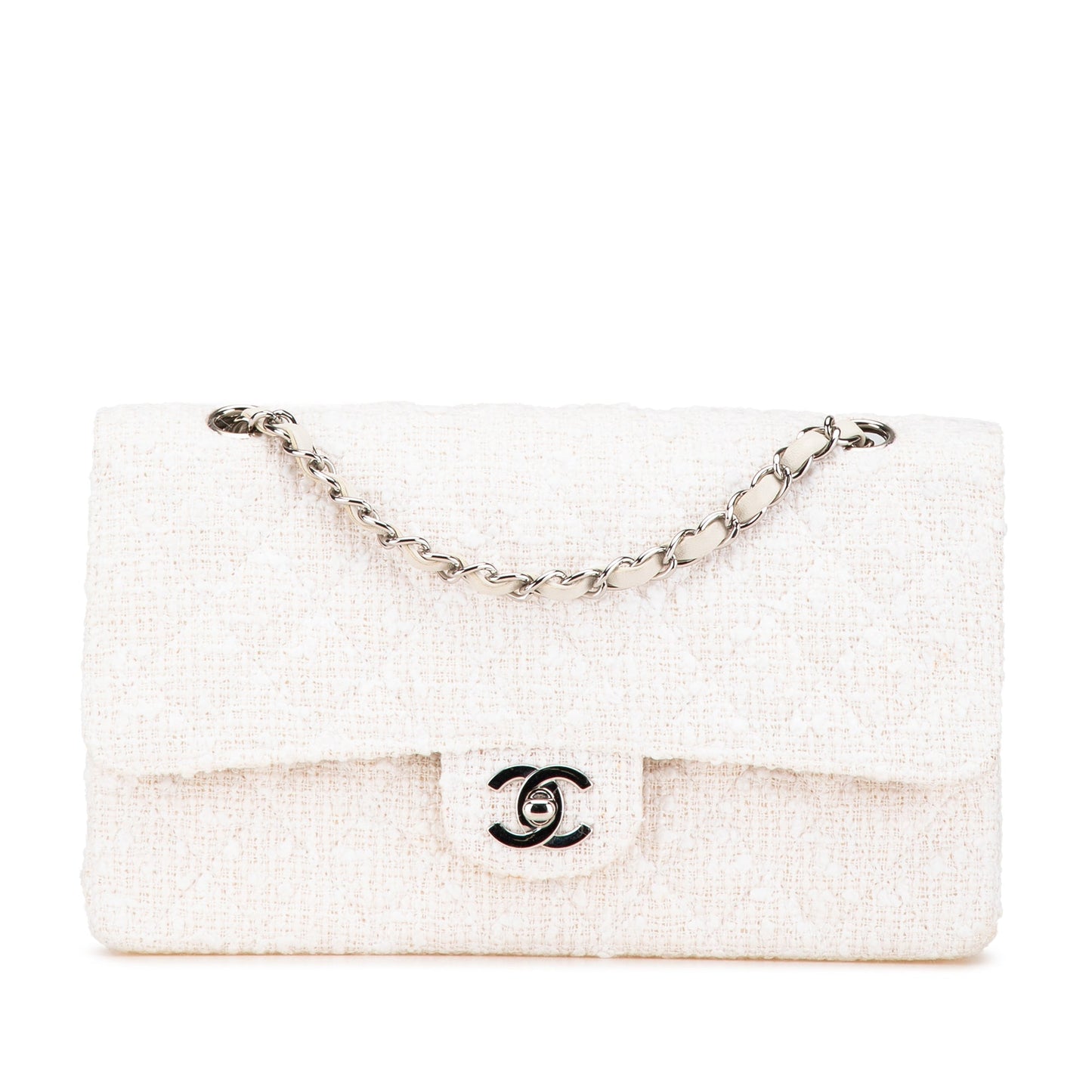 White Chanel Medium Classic Tweed Double Flap Shoulder Bag