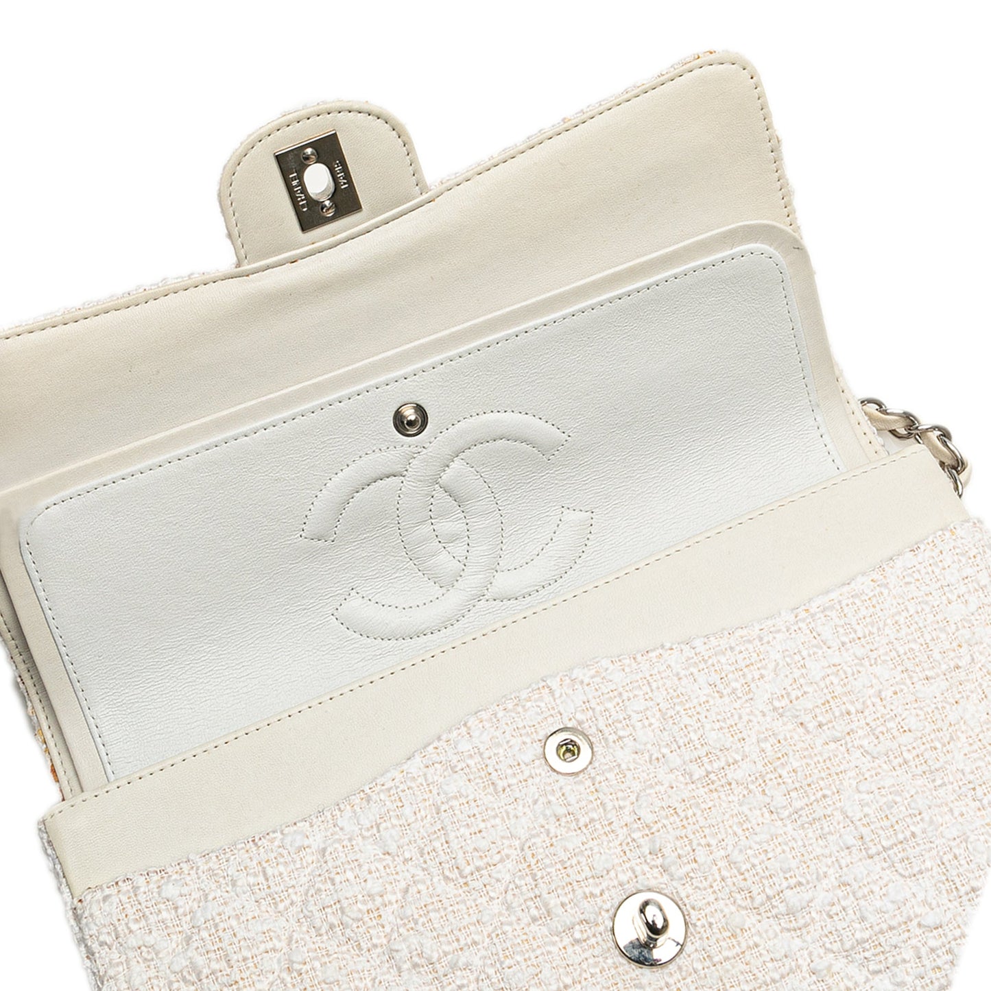 White Chanel Medium Classic Tweed Double Flap Shoulder Bag