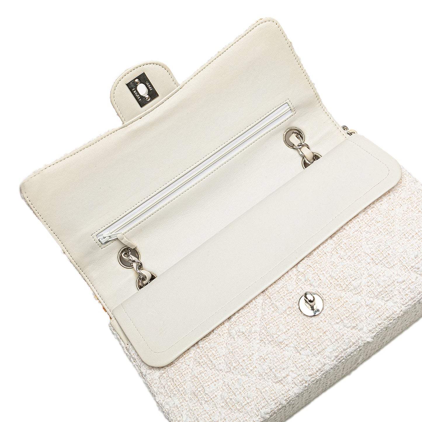 White Chanel Medium Classic Tweed Double Flap Shoulder Bag