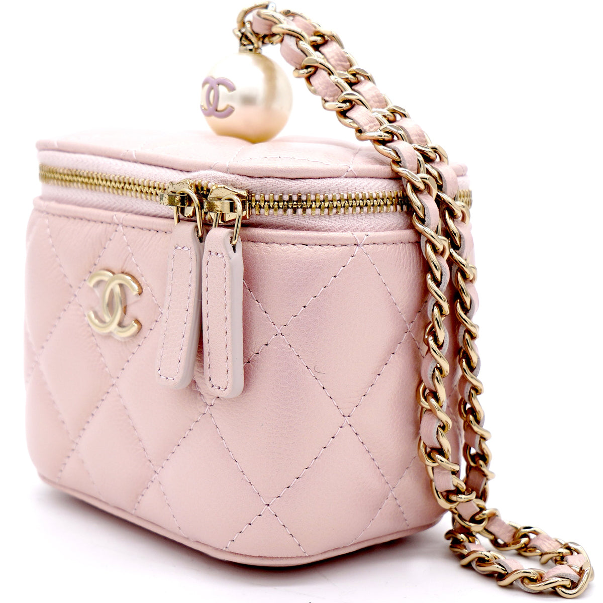Chanel Mini Caviar GHW Vanity Case with Pearl Details Light Pink