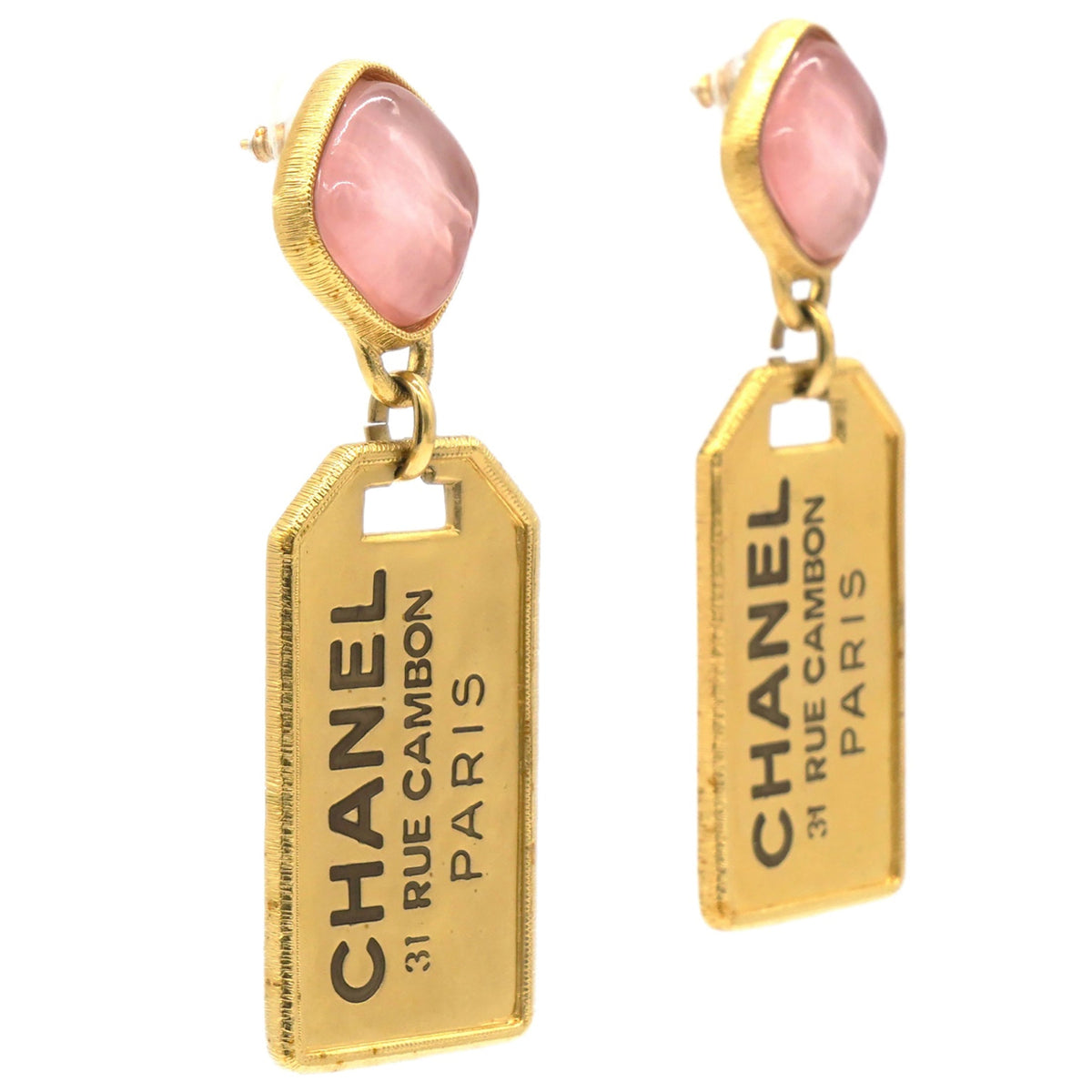 Chanel Pink Stone Badget CC Tags Drop Earrings Gold