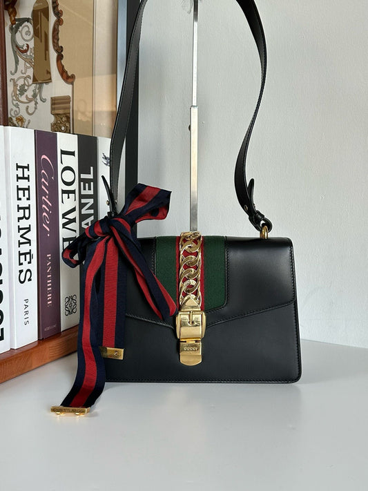 Gucci | Bags | Gucci Black Leather Small Web Sylvie Shoulder Bag #D