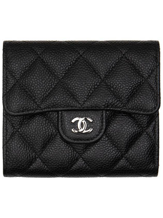 Small Classic Flap Wallet Grained Calfskin Silver Black Chanel