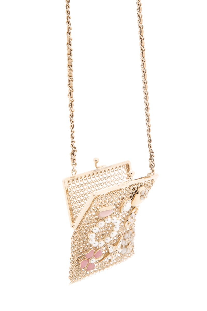 Chanel Gold & Charm Embellished Frame Pouch Chain Necklace