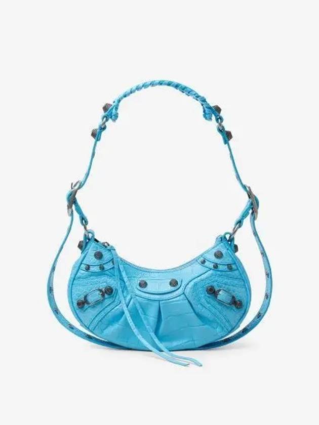 Luxury Balenciaga  Le Cagole XS  Crocodile Embossed Shoulder Bag Blue Sky