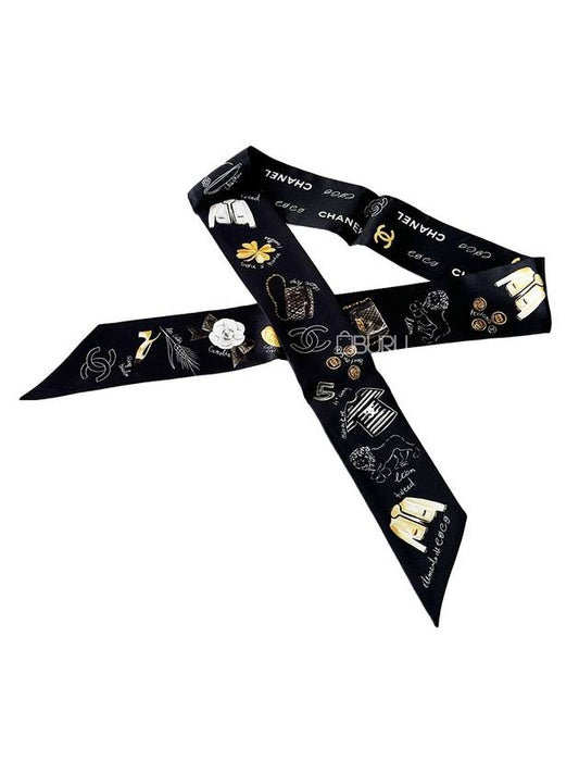 CC Logo Signature Printed Silk Twilly Bandeau Scarf Black Chanel