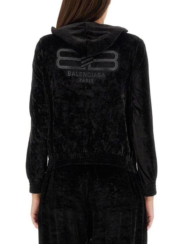 Luxury Balenciaga  Women's BB Paris Strass Velvet  Zip-Up Hoodie Black