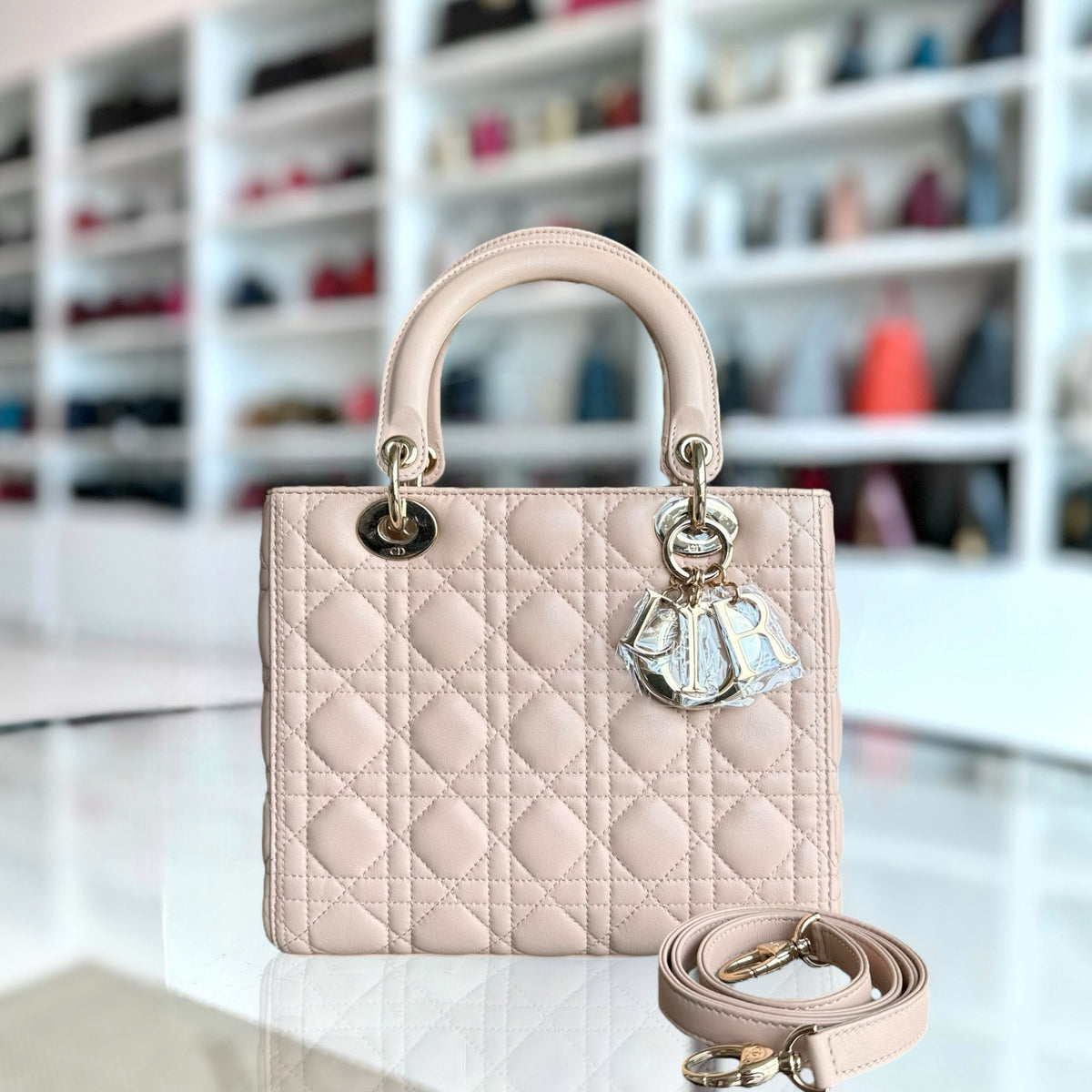 Dior Lady Medium - Cannage Lambskin Light Beige Blush Gold Hardware