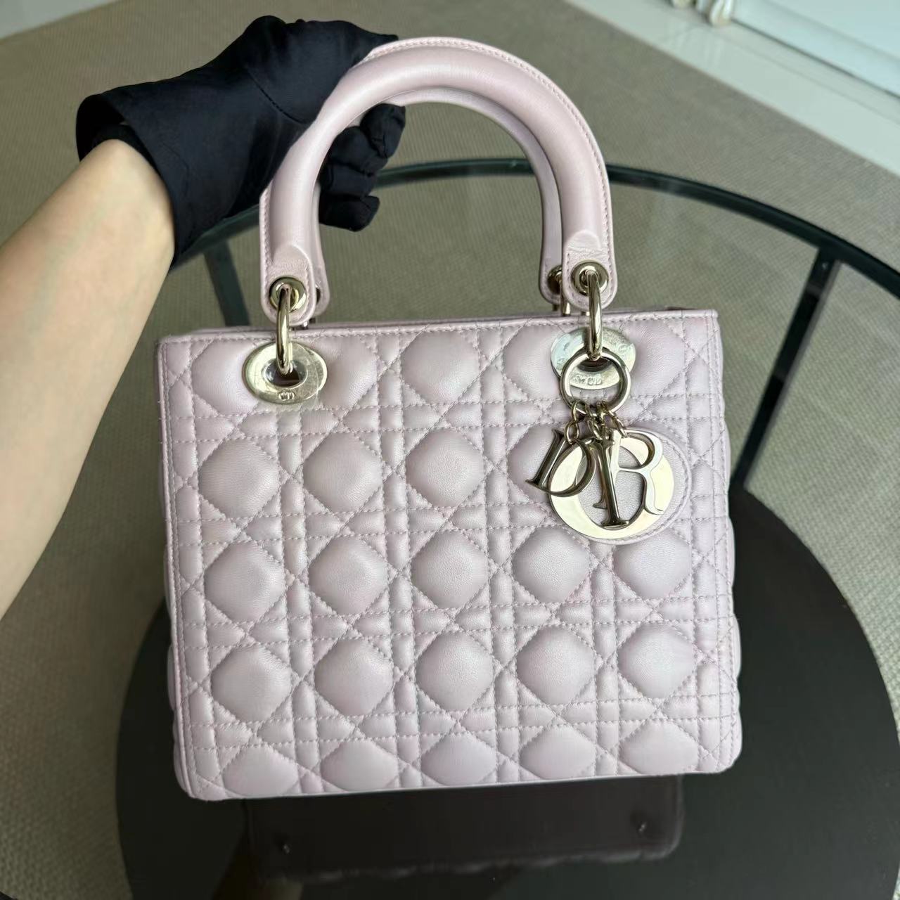 *Adjustable Strap* Dior Lady Medium - Iridescent Cannage Lambskin Light Pink Golden Hardware