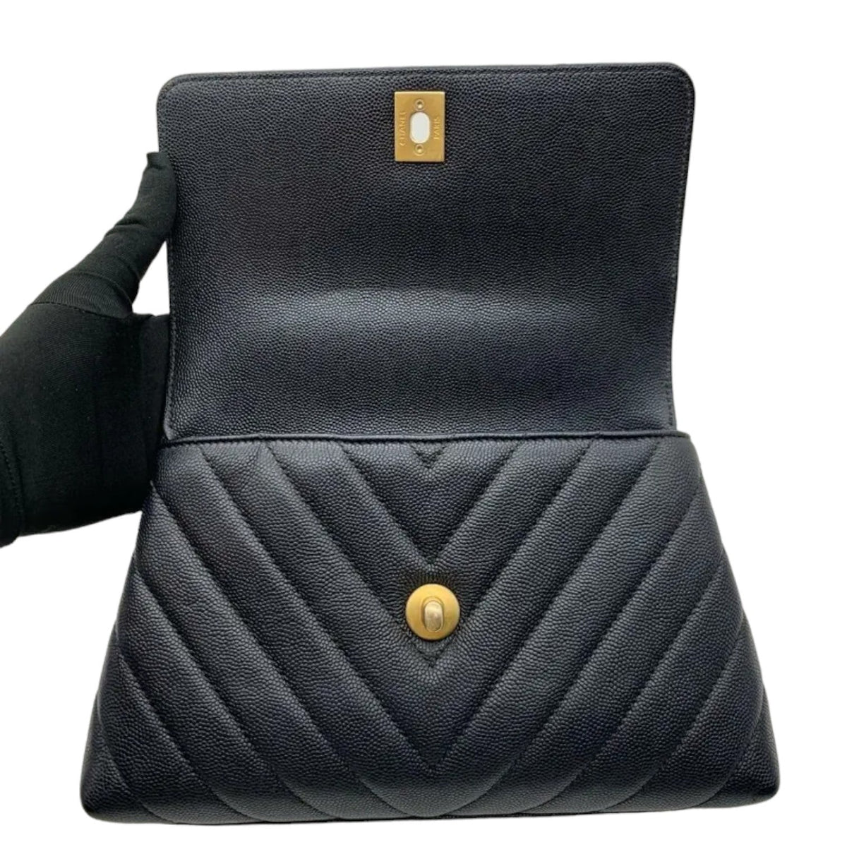 Coco Handle Flap Small Caviar Chevron Quilted Black GHW