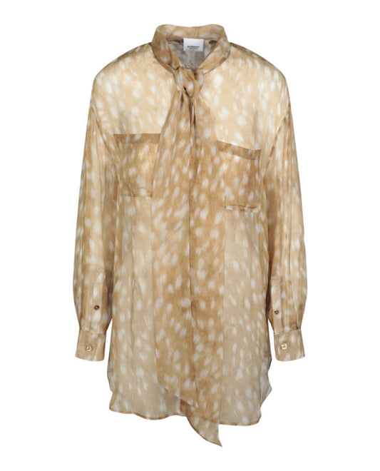 Burberry Womens Tied Deer-Printed Silk Blouse 10 Beige